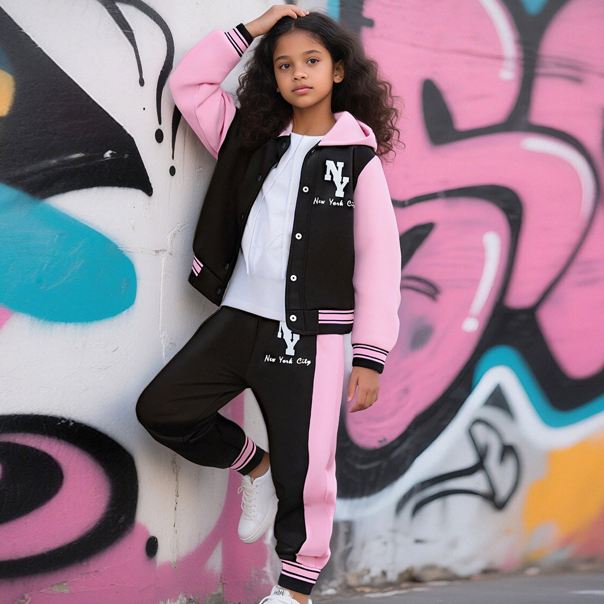 Girls Pink Typographic Printed Front Open Hooded Swetashirt With joggers Set 2 pc. Sets