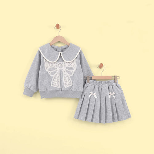 Girls Grey Bow Applique Crop Sweatshirt & Skirt Co-ord Sets Sets Grey 1-2 Y