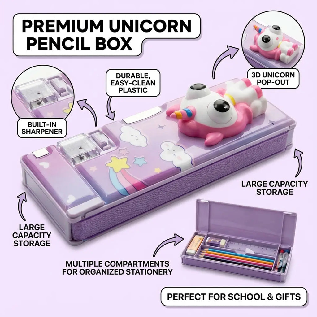 Unicorn Hard Pencil Box with Built-in Sharpener Trending Accessories