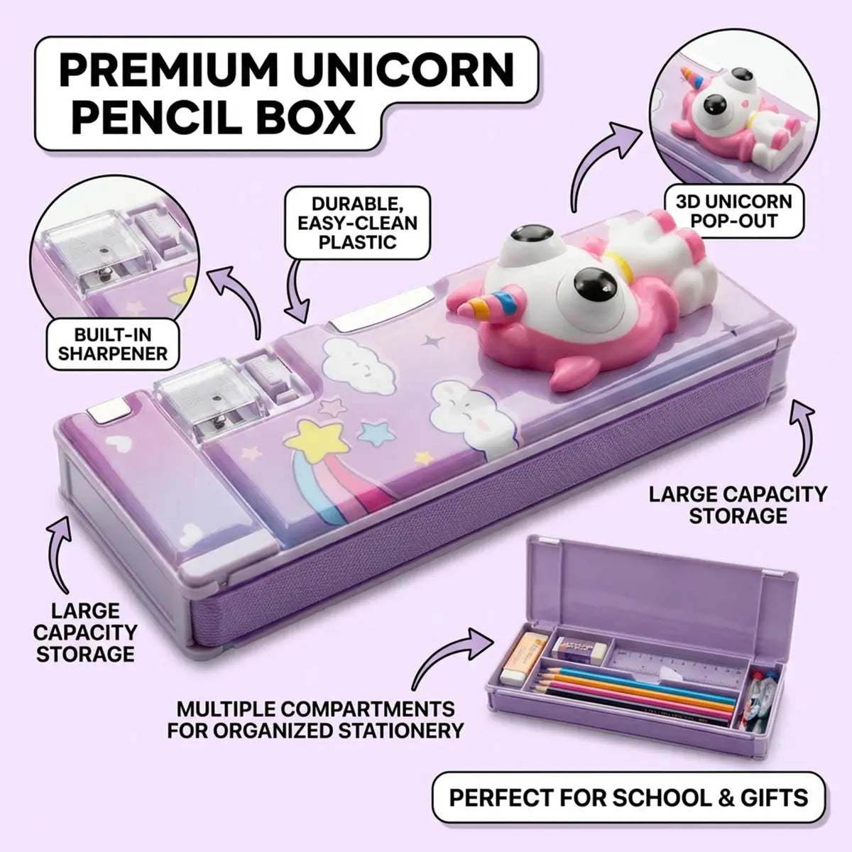 Unicorn Hard Pencil Box with Built-in Sharpener Trending Accessories