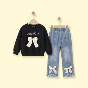 Girls Black Bow Applique Sweatshirt With Denim Pants Sets 2 pc. Sets Black 2-3 Y
