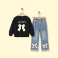 Girls Black Bow Applique Sweatshirt With Denim Pants Sets 2 pc. Sets Black 2-3 Y
