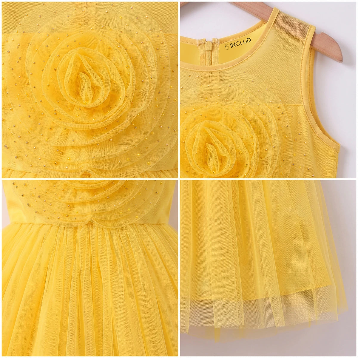 Girls yellow sleeveless party gown with floral applique and tulle