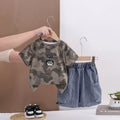 Boys Olive Green Camouflage Printed Round Neck T-Shirt With Denim Shorts Sets 2 pc. Sets Olive 1-2 Y