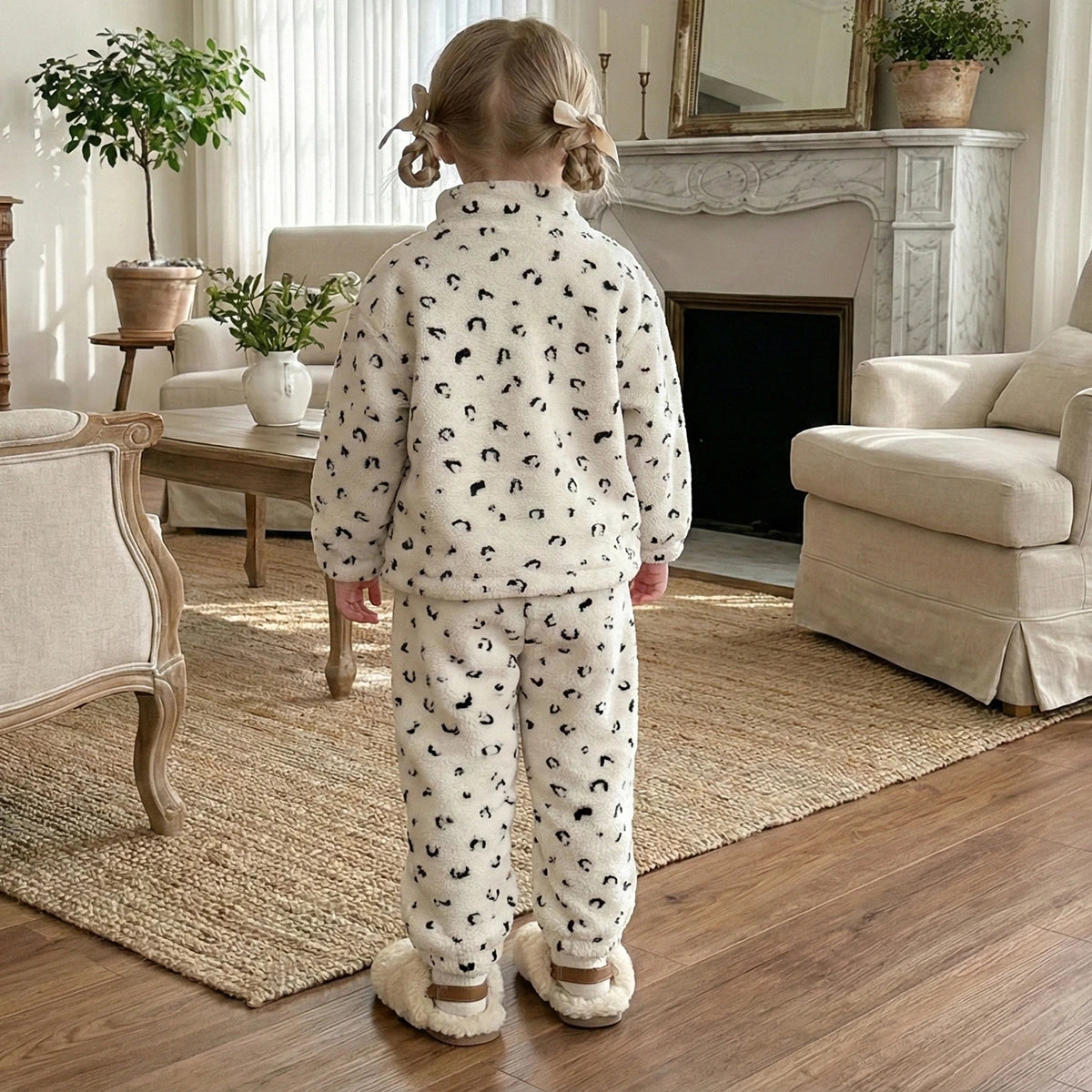 Girls Off White Fleece Printed Zip-up Jacket With Pants Co-ord Sets Sets
