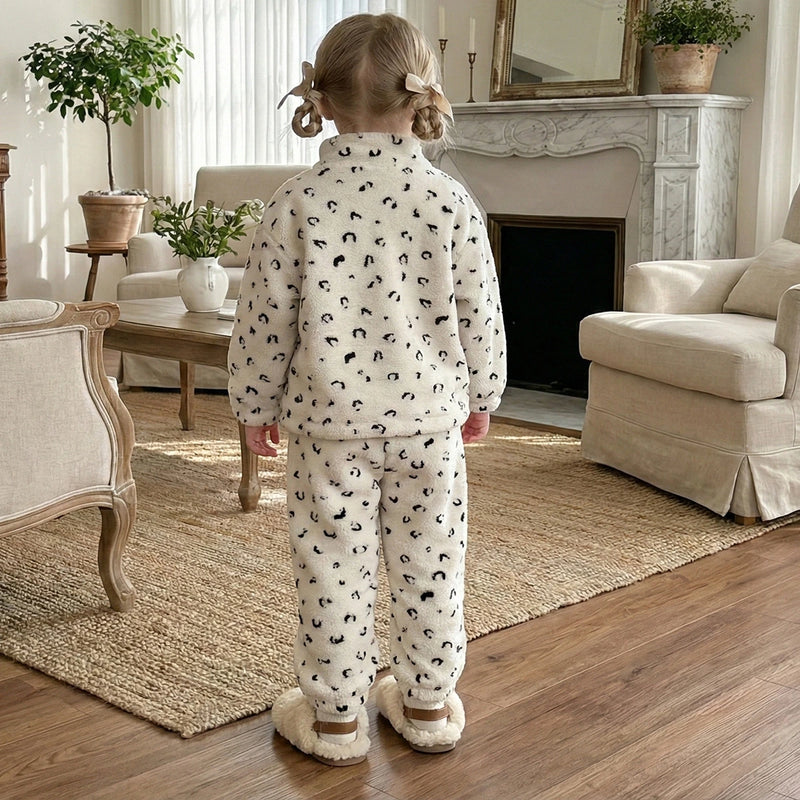 Girls Off White Fleece Printed Zip-up Jacket With Pants Co-ord Sets Sets