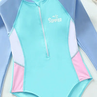 Girls Light Blue Typographic Printed Swimwear Bodysuit Beachwear