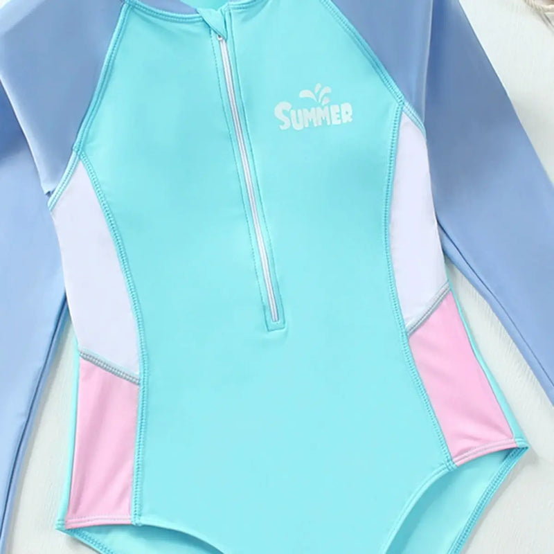 Girls Light Blue Typographic Printed Swimwear Bodysuit Beachwear