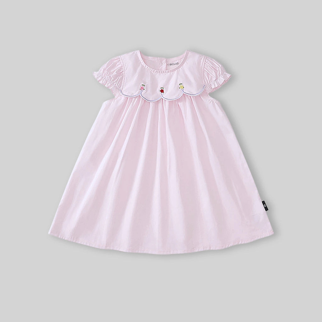 Girls Light Pink Embroidered Puff Sleeve Fit & Flare Dress Casual Dresses