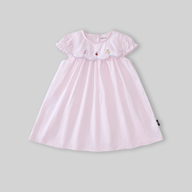 Girls Light Pink Embroidered Puff Sleeve Fit & Flare Dress Casual Dresses