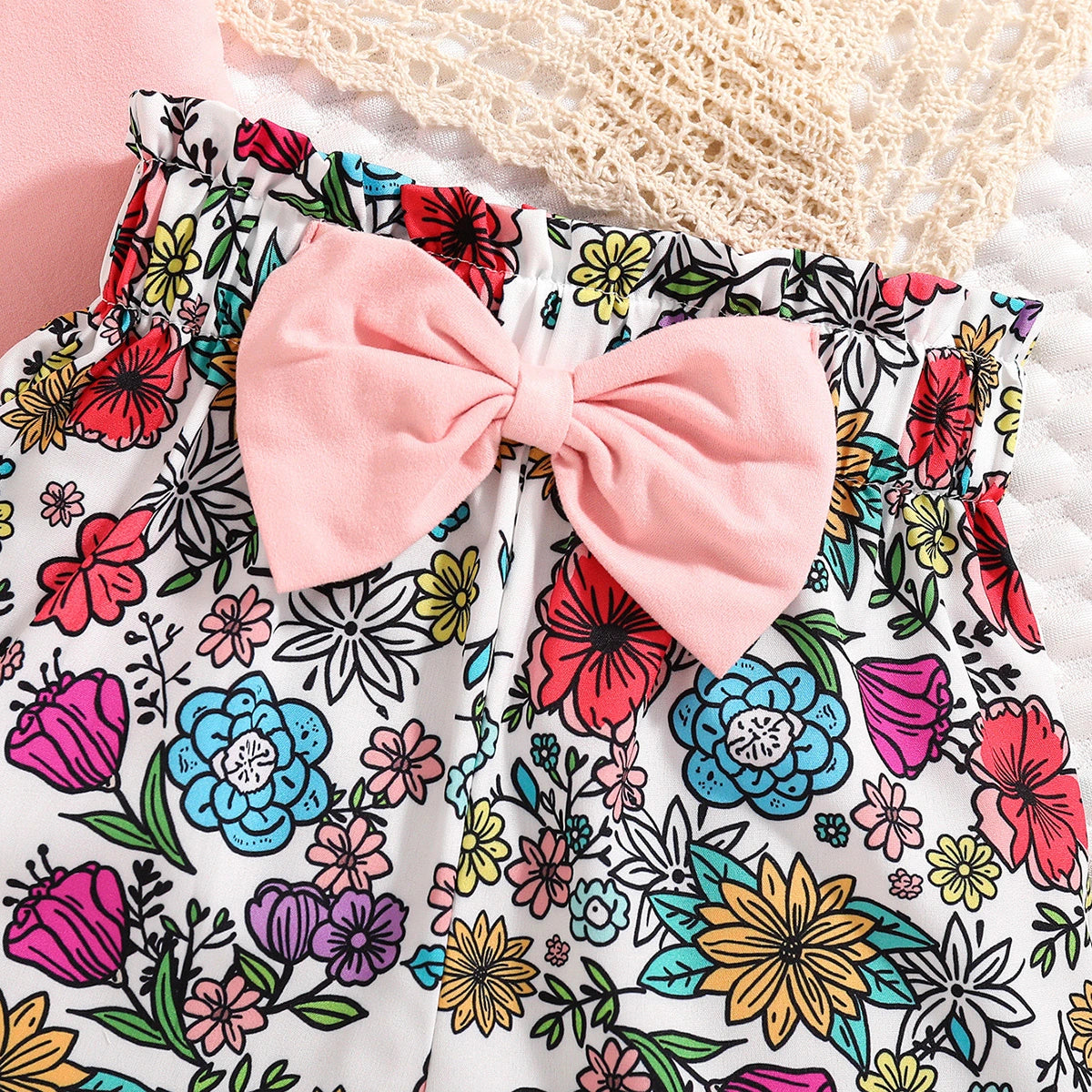 Girls Light Pink Floral Print Short Sleeve T-Shirt With Shorts Sets 2 pc. Sets