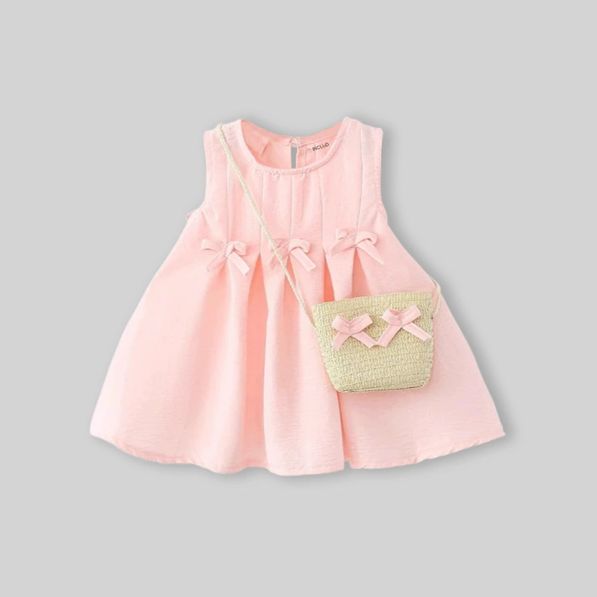 Girls Pink Pleated A-Line Dress With Sling Bag Casual Dresses
