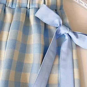 Girls Light Blue Sleeveless Top With Checked Pants & Shoulder Bag Sets Sets