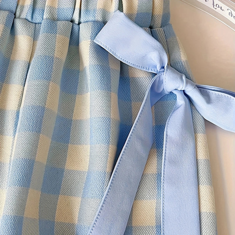 Girls Light Blue Sleeveless Top With Checked Pants & Shoulder Bag Sets Sets