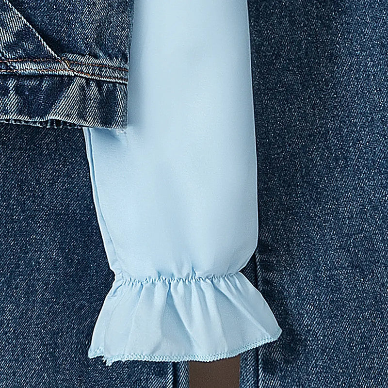 Girls Light Blue Collared Crop Top With Denim Sleeveless Vest & Flared Pants Set Sets
