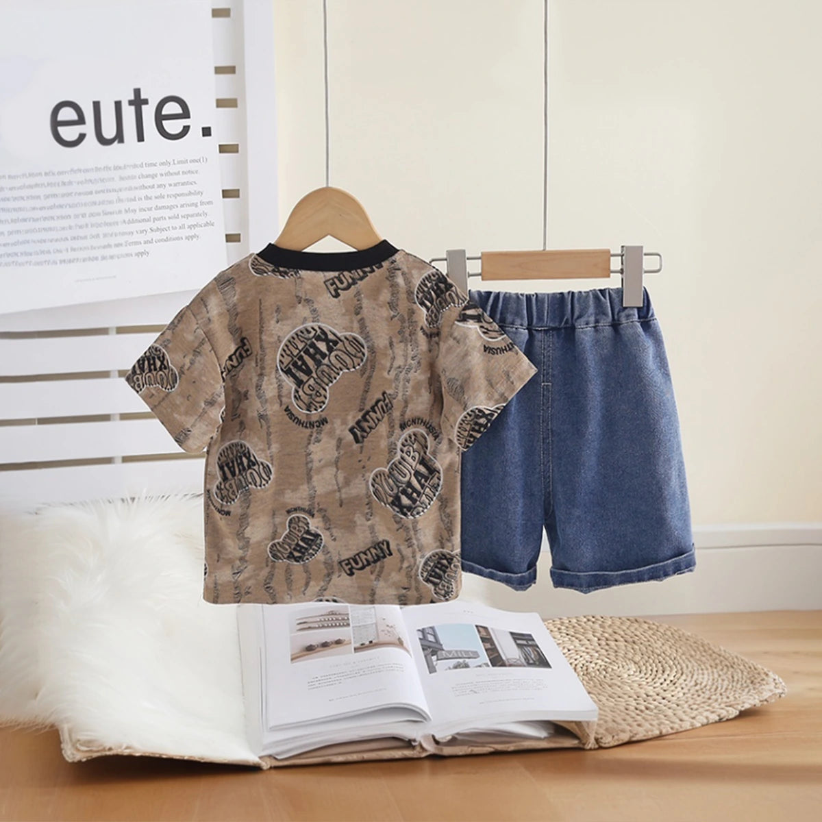 Boys Brown Typographic Print T-Shirt With Distressed Denim Shorts Set Sets