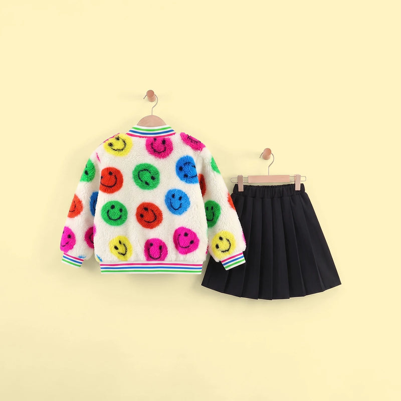 Girls Multicolour Smiley Print Long Sleeve Jacket With Skirt Sets 2 pc. Sets