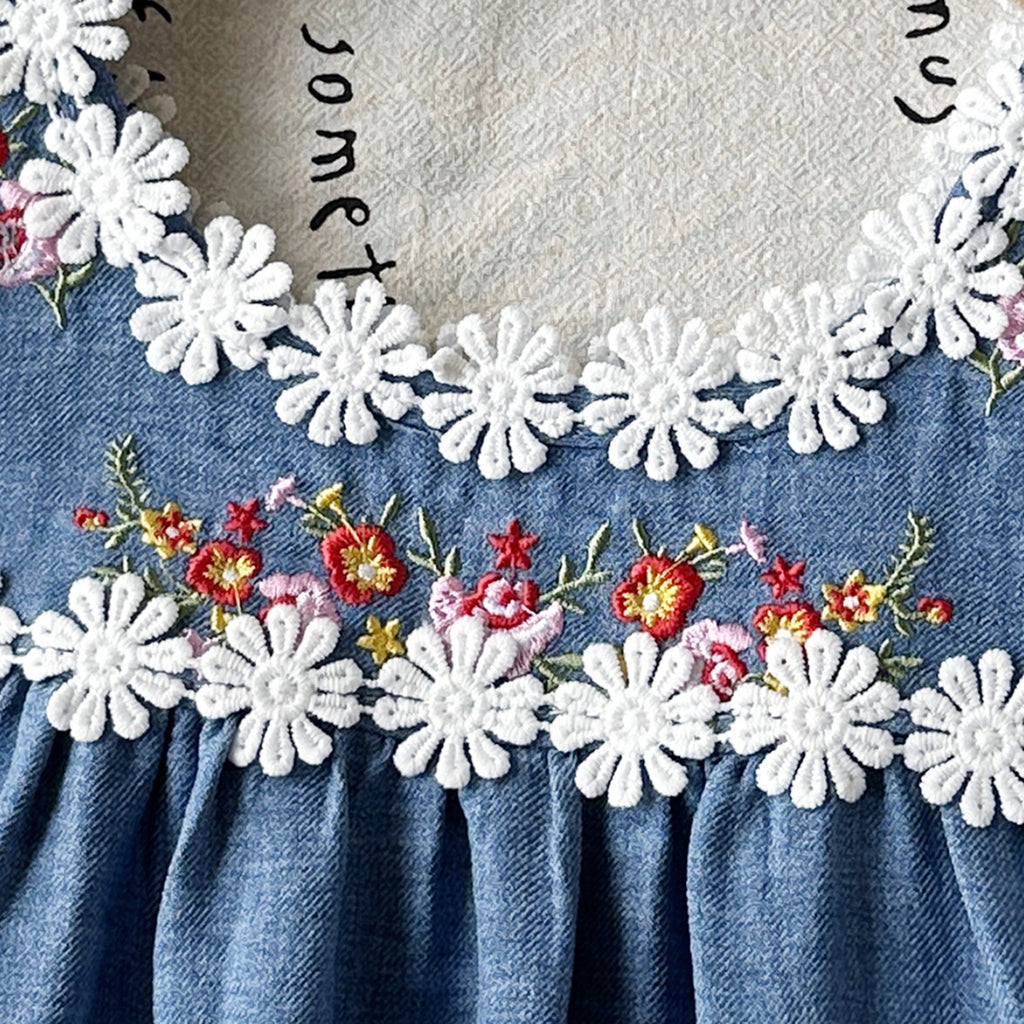 Girls Blue Sleeveless Floral Embroidered A-line Dress Casual Dresses