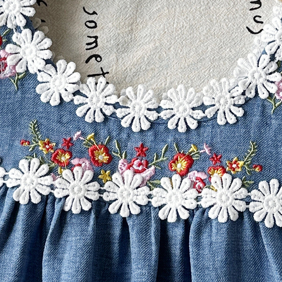 Girls Blue Sleeveless Floral Embroidered A-line Dress Casual Dresses