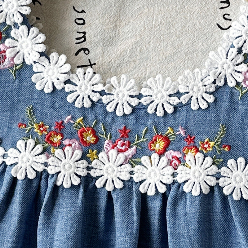 Girls Blue Sleeveless Floral Embroidered A-line Dress Casual Dresses