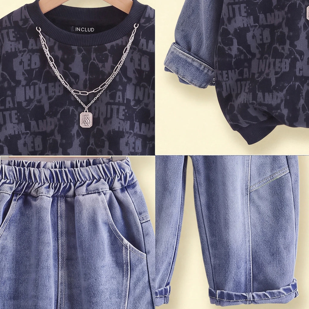 Boys Navy Blue Typography Sweatshirt With Denim Pants Sets 2 pc. Sets