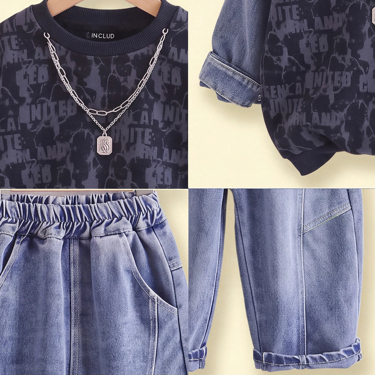 Boys Navy Blue Typography Sweatshirt With Denim Pants Sets 2 pc. Sets