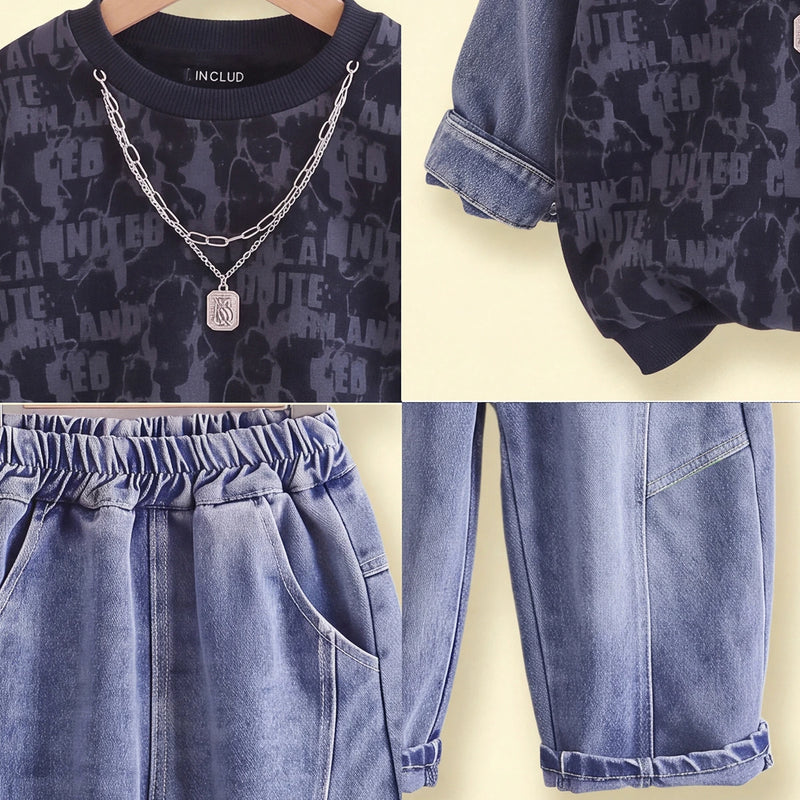 Boys Navy Blue Typography Sweatshirt With Denim Pants Sets 2 pc. Sets