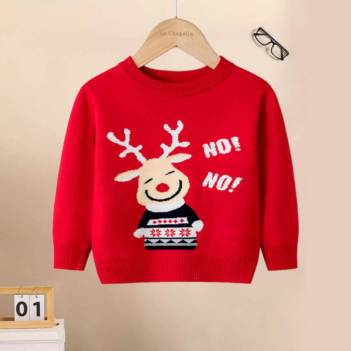 Girls Red Sweater With Self-Design Reindeer Patterns Sweaters & Cardigans