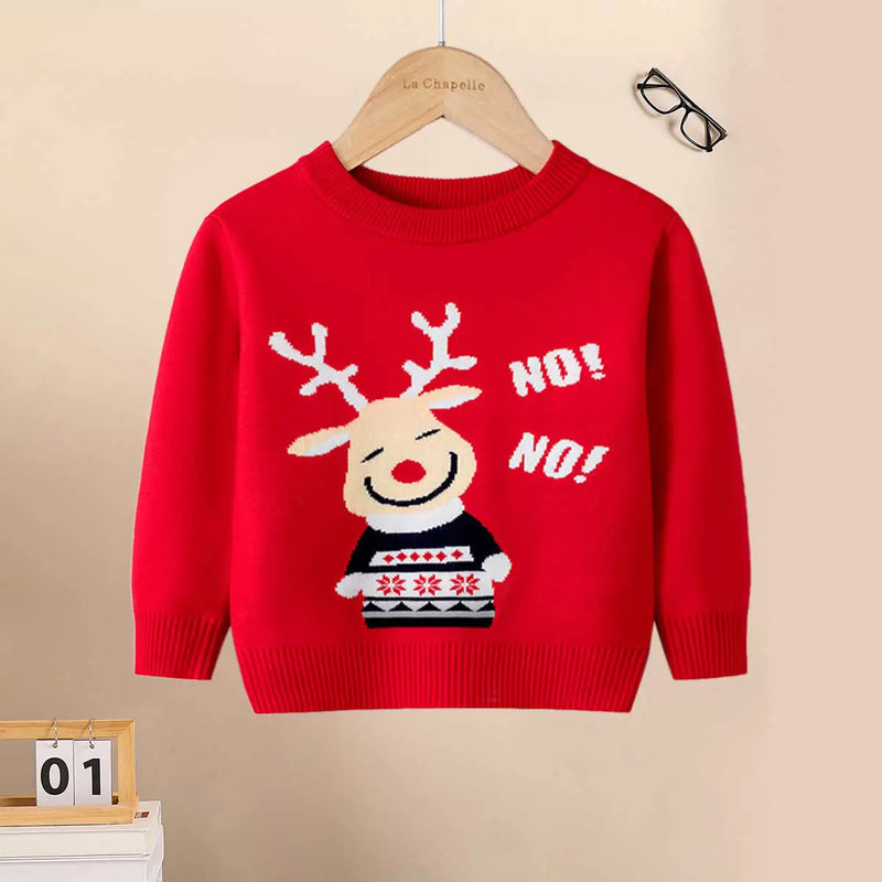 Girls Red Sweater With Self-Design Reindeer Patterns Sweaters & Cardigans