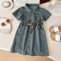 Girls Blue Short Sleeve Button Front Denim Dress Casual Dresses Blue 1-2 Y