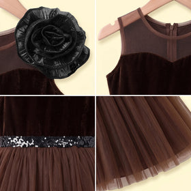 Girls Brown Floral Applique Fit & Flare Party Dress Party Dresses