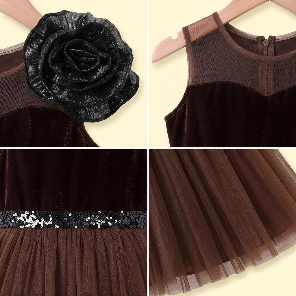 Girls Brown Floral Applique Fit & Flare Party Dress Party Dresses