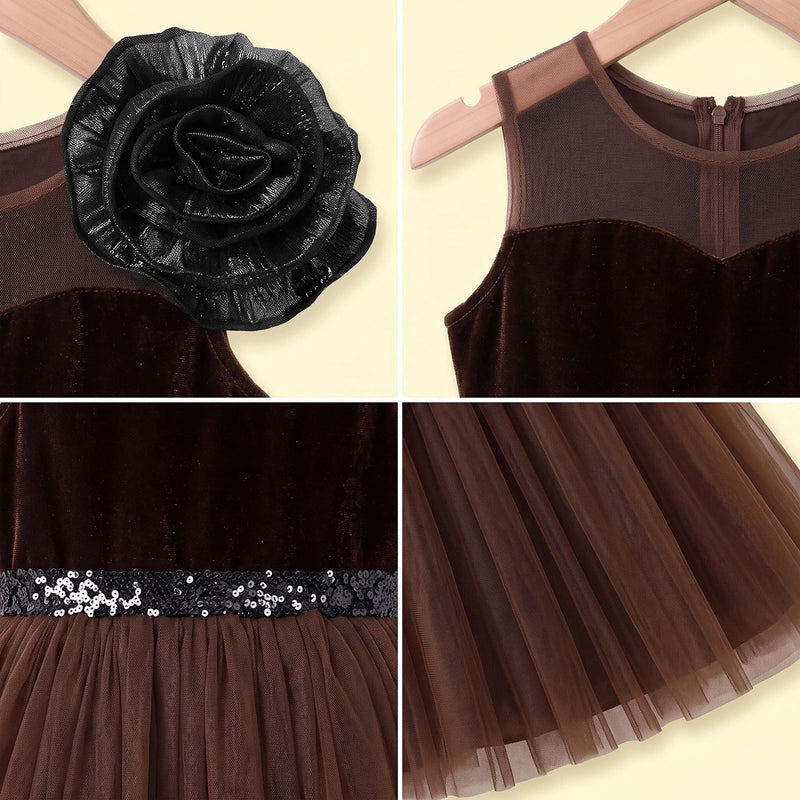 Girls Brown Floral Applique Fit & Flare Party Dress Party Dresses