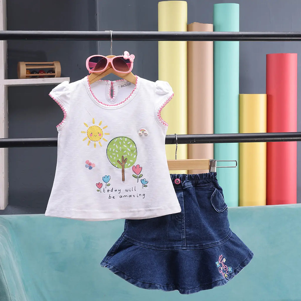 Girls White Sun Graphic Printed Top With Denim Flared Skirt Sets 2 pc. Sets White 9-12 M