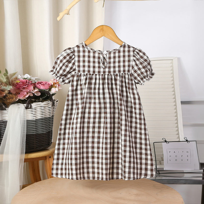 Girls Brown Gingham Checked Short Sleeves Dress Casual Dresses