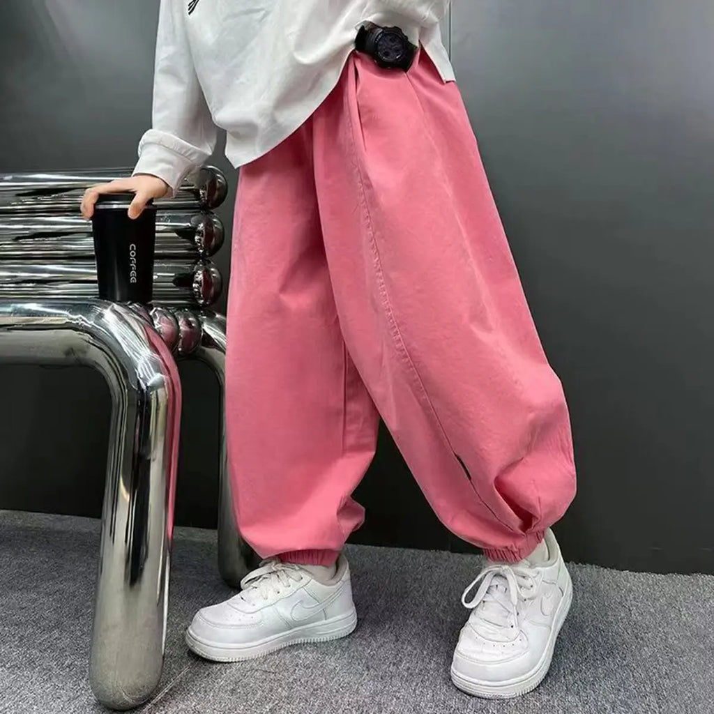 Boys Pink Solid Relaxed Fit Wide Leg Pants Pants