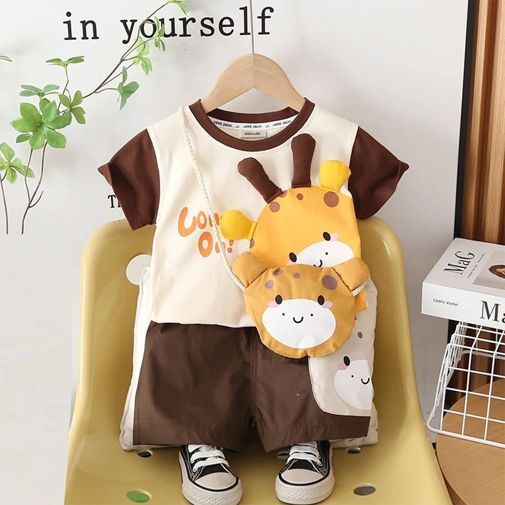 Girls Dark Brown Short Sleeves T-Shirt With Shorts & Sling Bag Sets Sets Dark Brown 1-2 Y