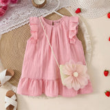 Girls Pink Sleeveless Summer A-line Dress With Sling Bag