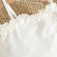 Girls White Ruffles One Shoulder Top With Pleated Denim Skirts Set Sets