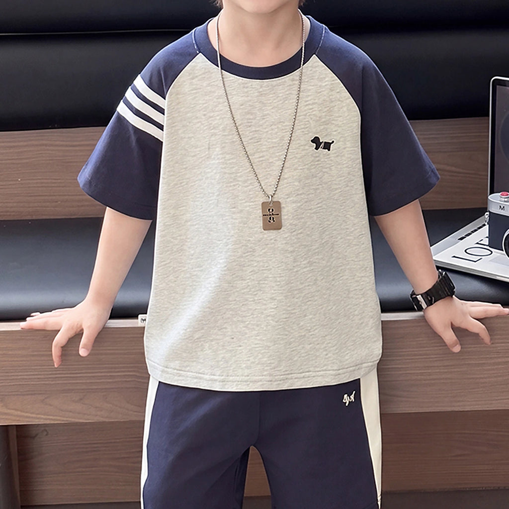 Boys Navy Blue Embroidered Raglan Sleeve T-Shirt With Shorts Sets 2 pc. Sets