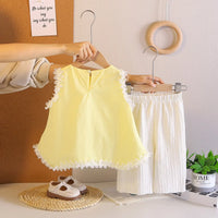 Girls Yellow SLeeveless Top With Textured Pants Sets Sets