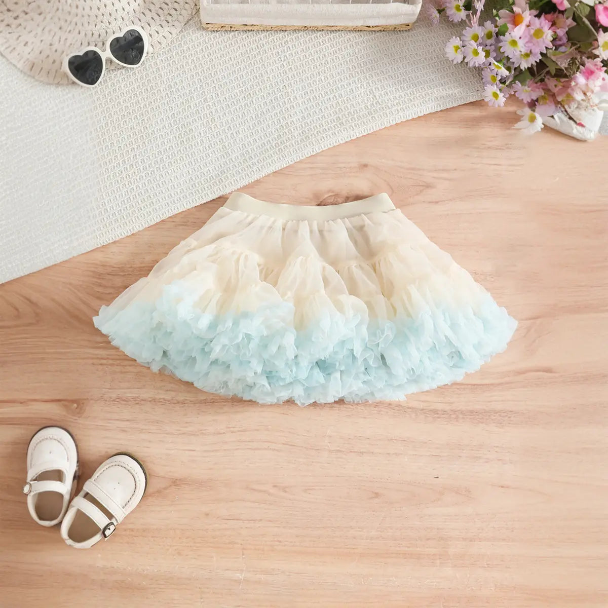 Girls Light Blue Pearl-Embellished Top With Tiered Tulle Tutu Skirt Sets Sets