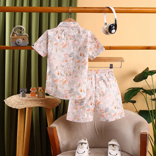 Boys Pink Animal Printed Short Sleeve Shirt With Printed T-Shirt and Shorts Sets Sets