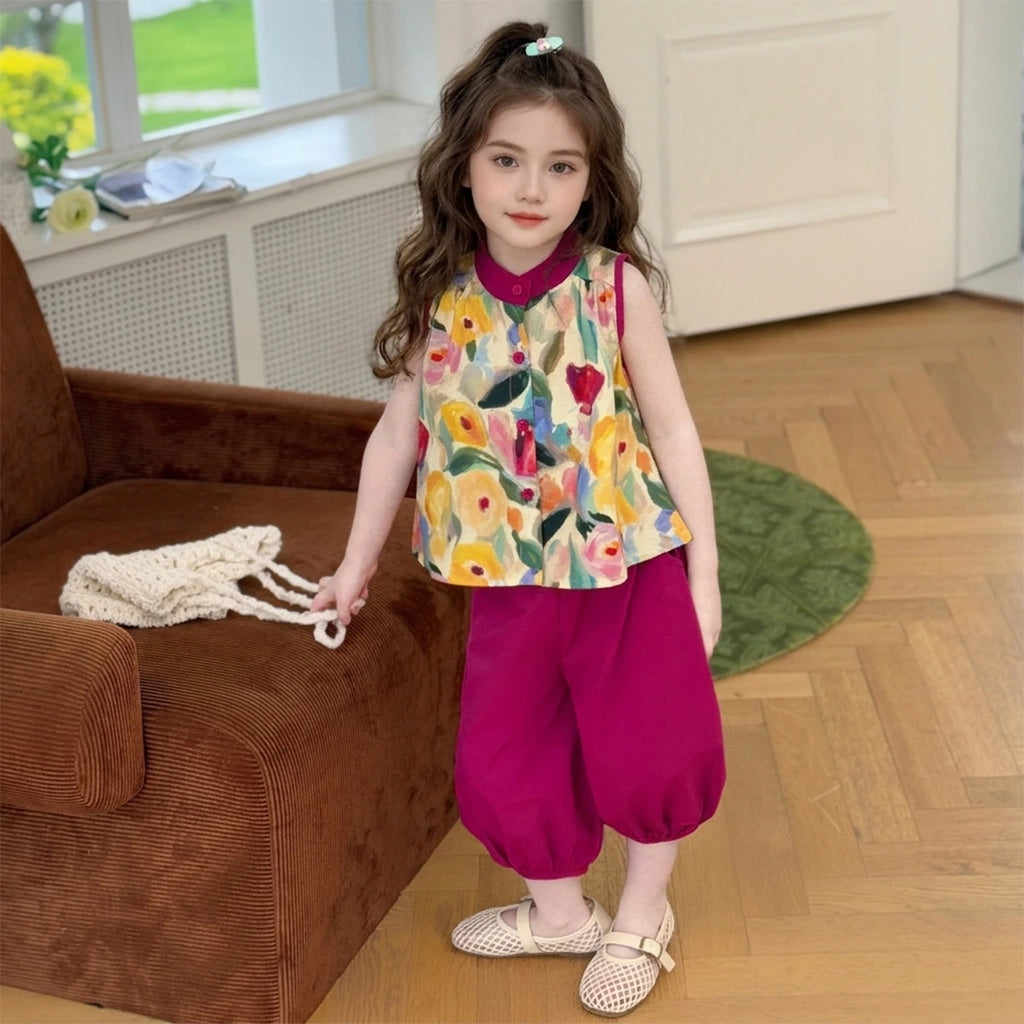 Girls Pink Printed Mandarin Collar Top with Elasticated Balloon Pants Set Sets Pink 1-2 Y