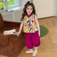 Girls Pink Printed Mandarin Collar Top with Elasticated Balloon Pants Set Sets Pink 1-2 Y