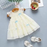 Girls Beige Bow Applique Tiered A-line Dress Casual Dresses Beige 1-2 Y