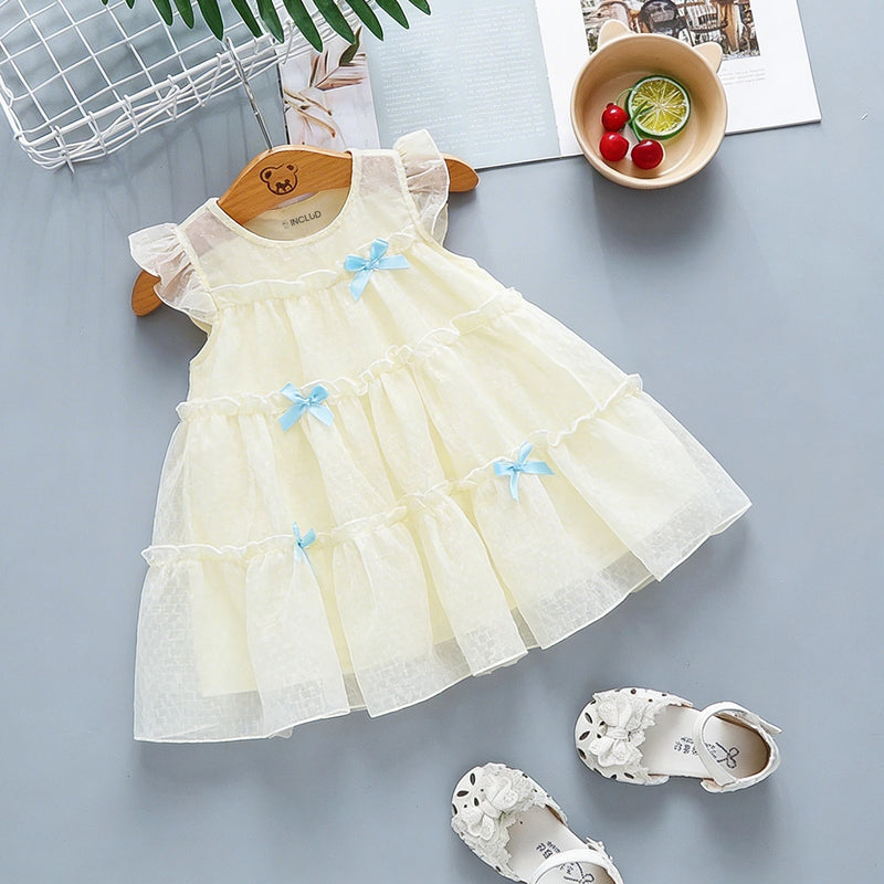 Girls Beige Bow Applique Tiered A-line Dress Casual Dresses Beige 1-2 Y