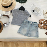 Girls Grey Rhinestone Embellished Ribbed Top and Denim Skirt Sets