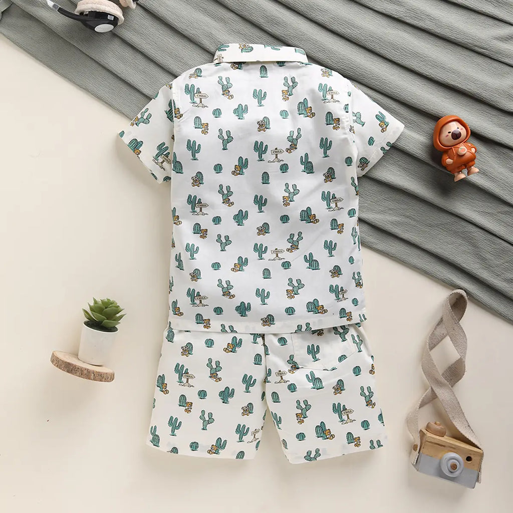Boys Green Cactus Printed Shirt With T-Shirt And Shorts Sets 3 pc. Sets