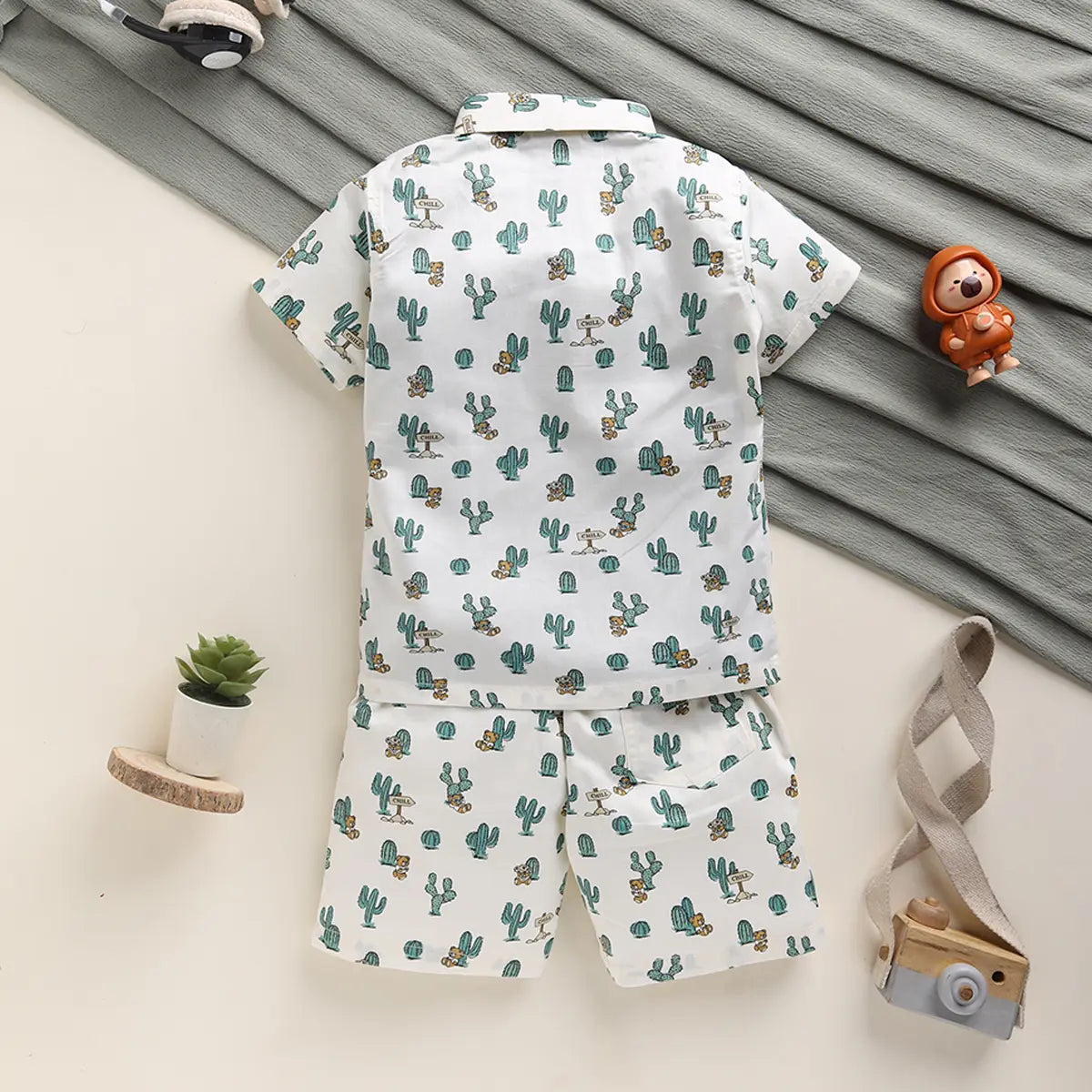 Boys Green Cactus Printed Shirt With T-Shirt And Shorts Sets 3 pc. Sets